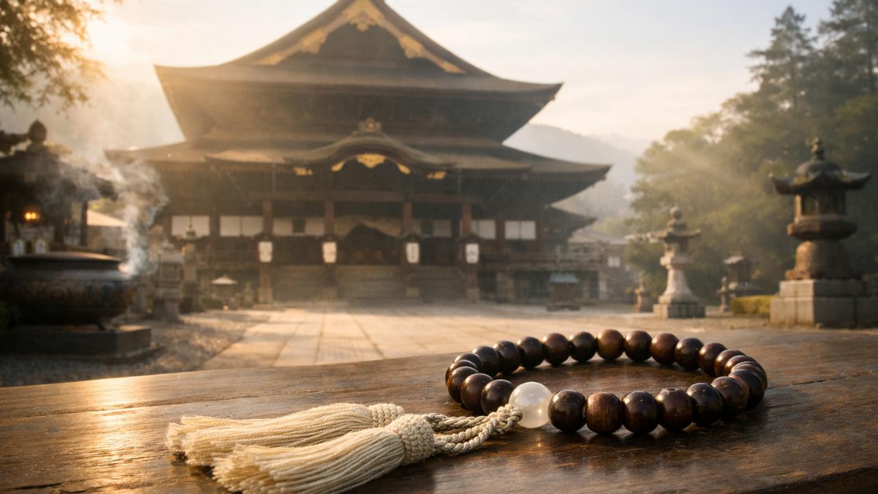 長野県の善光寺本堂をイメージした厳かな寺院風景。手前に上品な数珠をさりげなく配置