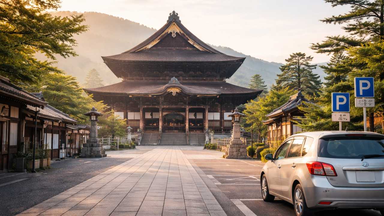 長野県の善光寺本堂を主役に、朝のやわらかい光、落ち着いた門前の雰囲気