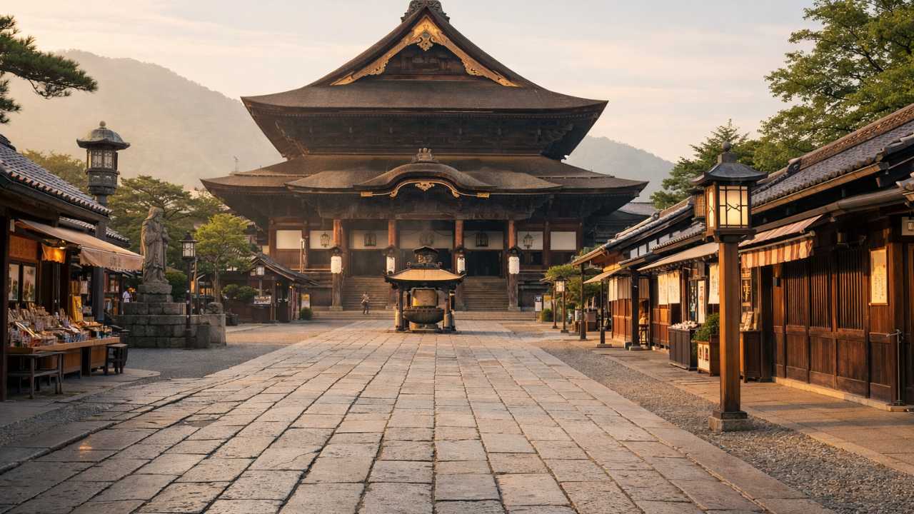 長野県の善光寺本堂を朝のやわらかな光で捉えた旅行ブログ用アイキャッチ