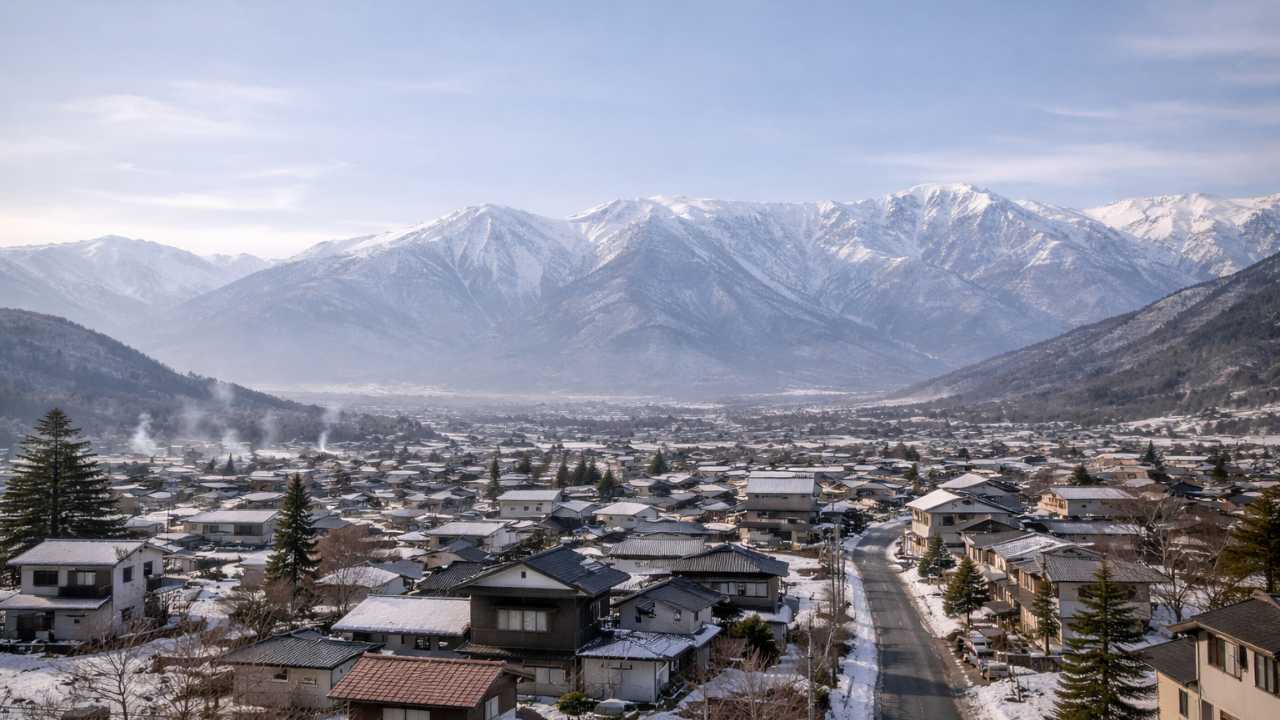 冬の大町市の住宅街、除雪された道路、信濃大町駅周辺、空き家内見のイメージ、市立病院を想起させる外観