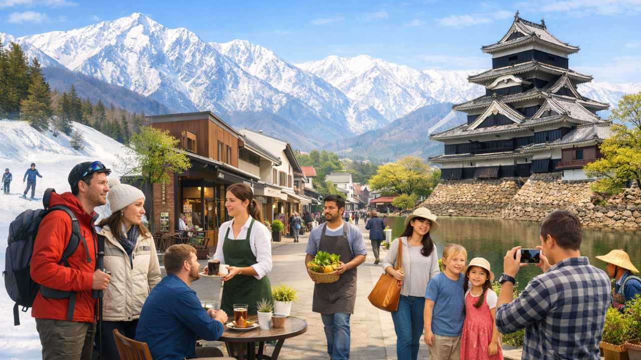 雪の白馬エリア、軽井沢の洗練された街並み、松本城の歴史的景観を一枚の中で自然につなぎ、外国人観光客と地域で働く人が共存している雰囲気