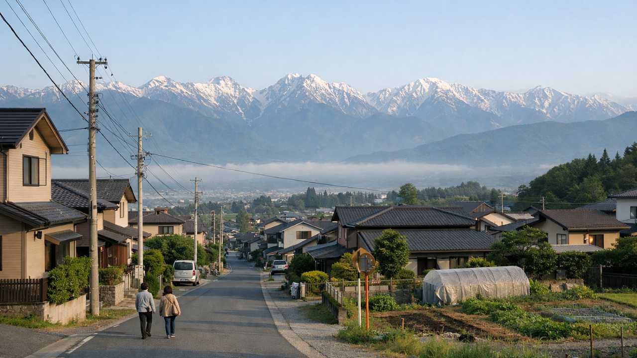 長野県での移住生活をテーマにした写実的な風景、北アルプスが遠景に見える朝の住宅地