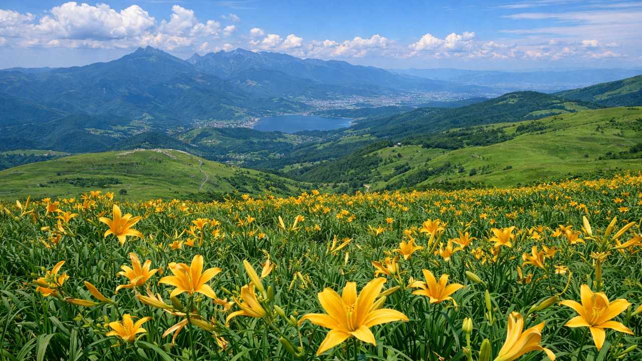 夏の車山高原で咲くニッコウキスゲと高原の景色