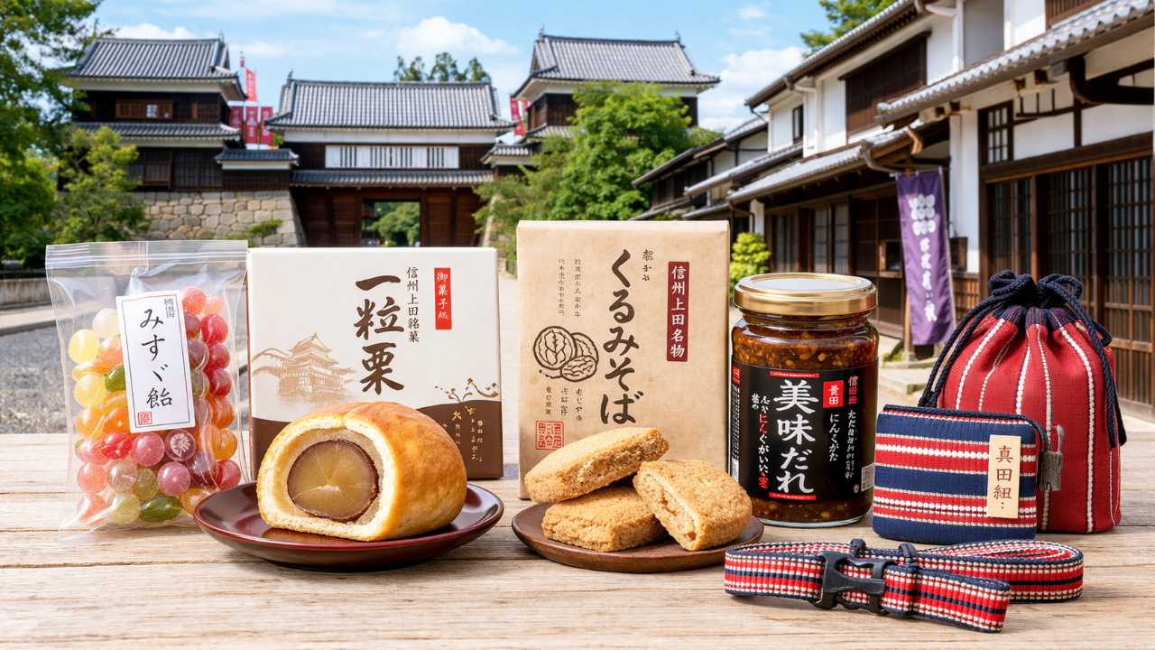 上田城や柳町の雰囲気を背景に、みすゞ飴、一粒栗、くるみそば、美味だれ、真田紐グッズ