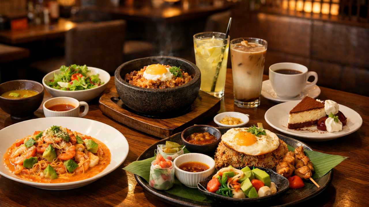 アジアンモダンな雰囲気のレストランで、パスタ、石焼ご飯、アジアンプレート、デザート、ドリンクがバランスよく並ぶ。温かみのある照明、落ち着いた店内、食欲をそそる自然な盛り付け