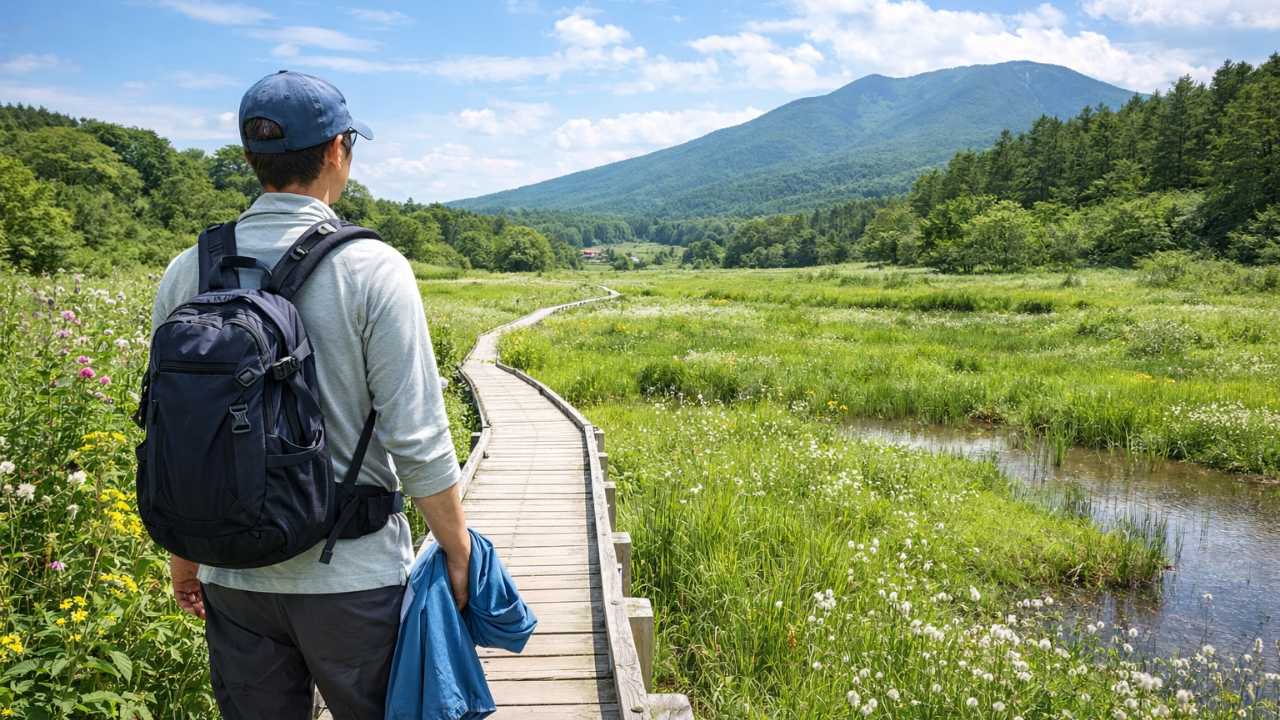 長野県の入笠山を歩くハイカー、初秋の高原、澄んだ空気、軽い防寒をした登山者