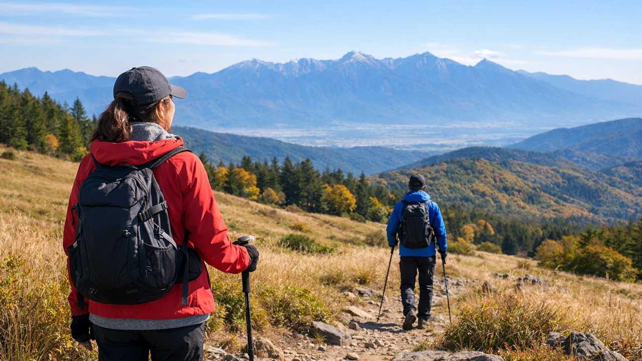 夏の入笠山、山野草公園と湿原の木道、薄手ジャケットを手にしたハイカー、涼しい高原の雰囲気