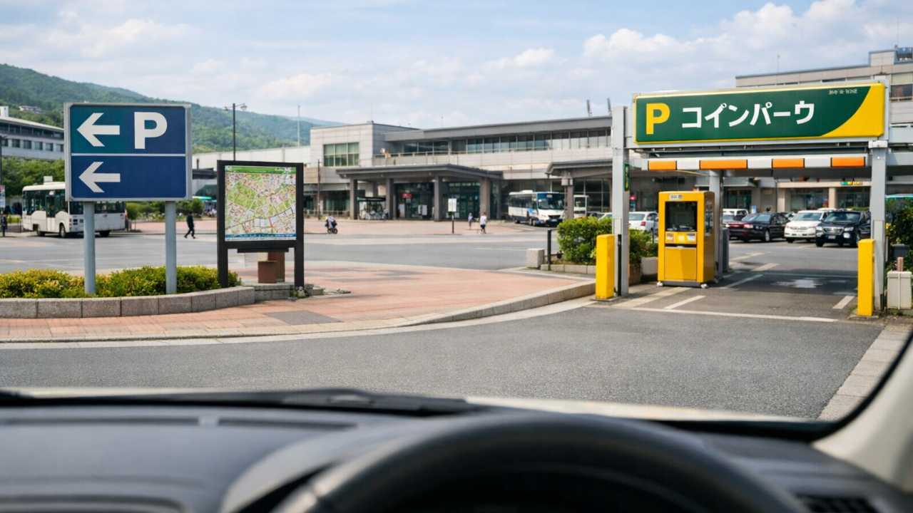 上田駅前の雰囲気が伝わる日本の地方駅前風景。駐車場を探しているドライバー目線の構図