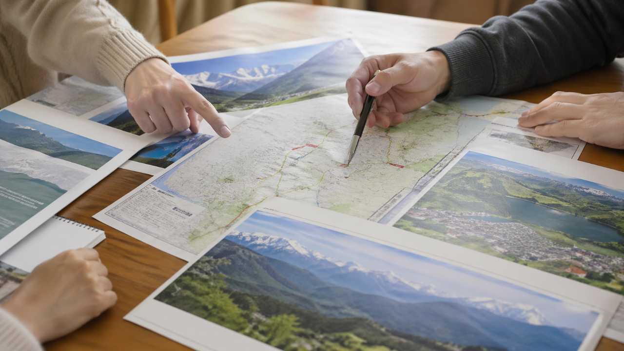 移住相談や現地下見を連想させる手元中心のシーン、地図や資料を見ながら長野県の候補地を比較している様子