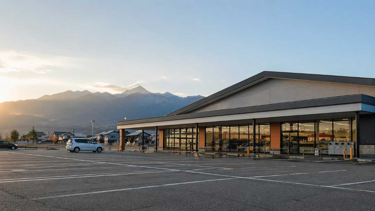 長野のローカルスーパーの外観を連想させる地方都市の食品スーパー、駐車場と山並みが見える朝の風景