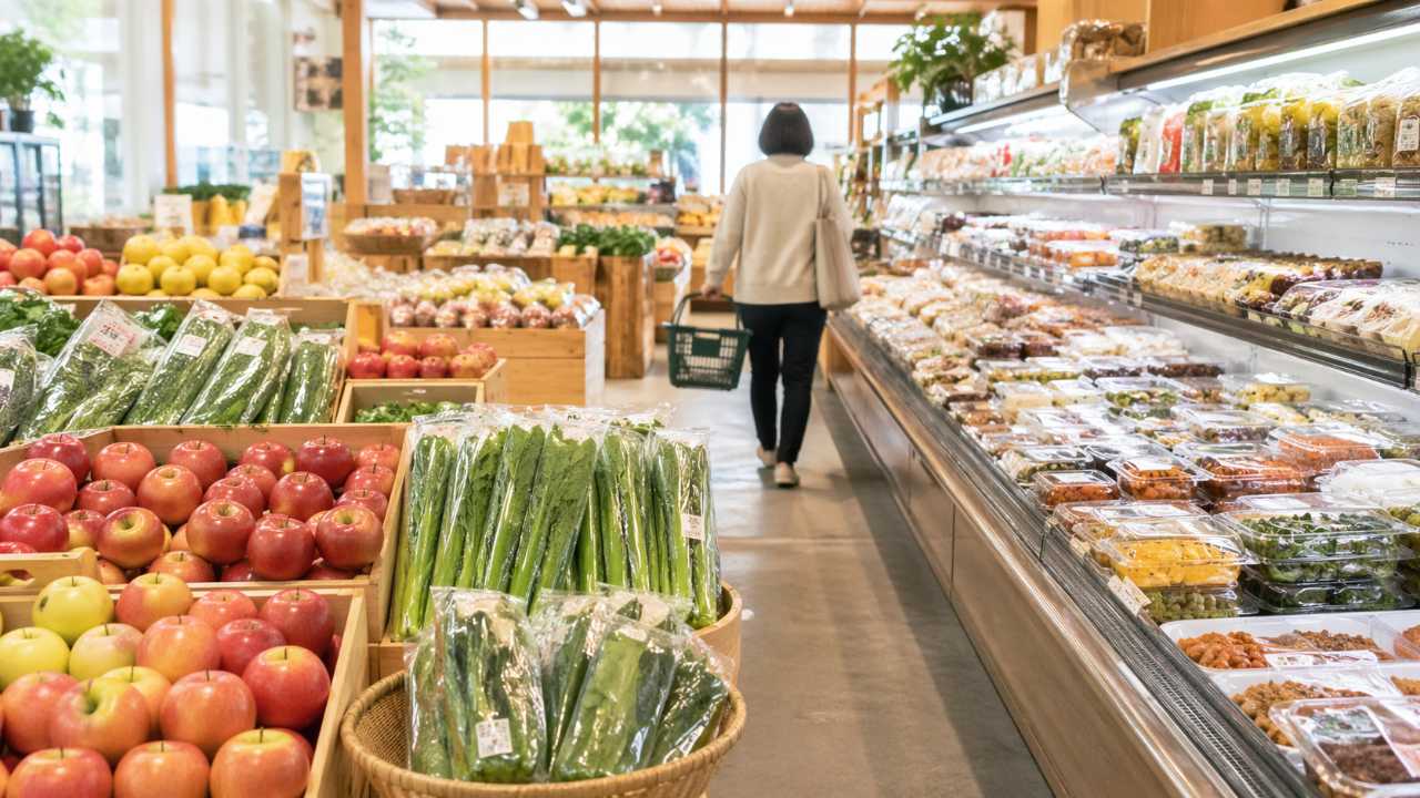 長野県のローカルスーパー巡りをテーマにしたブログ用アイキャッチ、信州らしい清潔感のあるスーパーマーケットの青果売り場、りんごや野沢菜、地元の総菜が自然に並ぶ