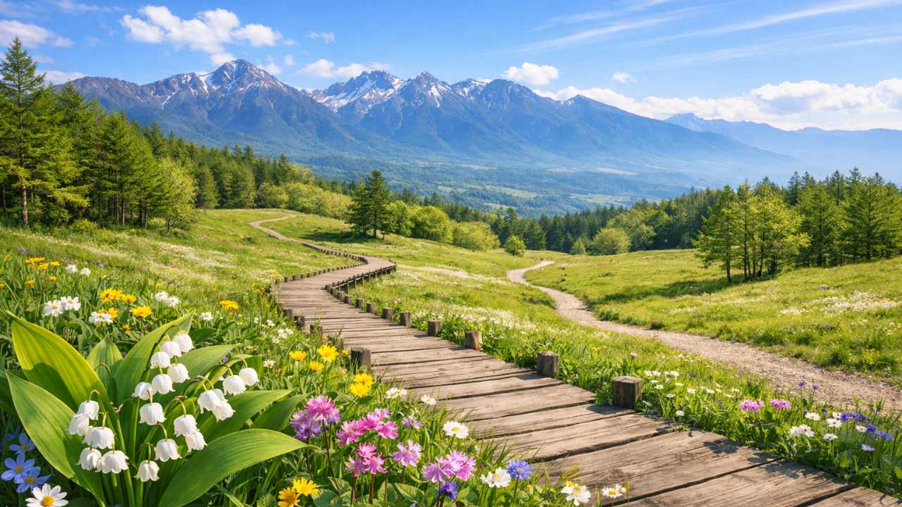 長野県の入笠山の初夏をイメージした高原風景