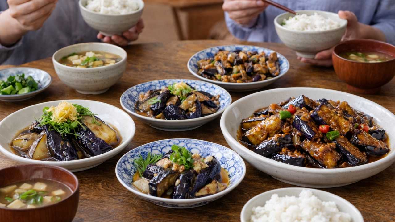 夏野菜のなすを使った長野の家庭料理の食卓風景