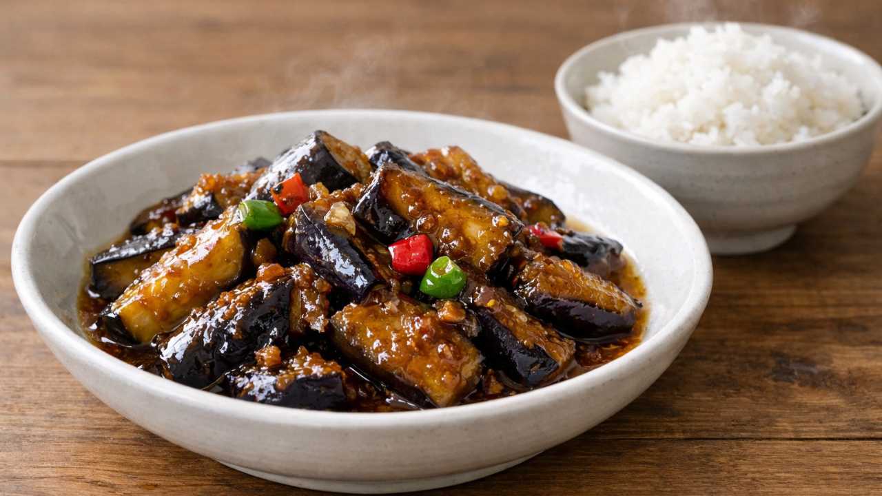 長野の郷土料理「油味噌」をテーマにした料理写真。つやのある炒めなすに味噌だれがしっかり絡み、少量のぼたんこしょうが入っている