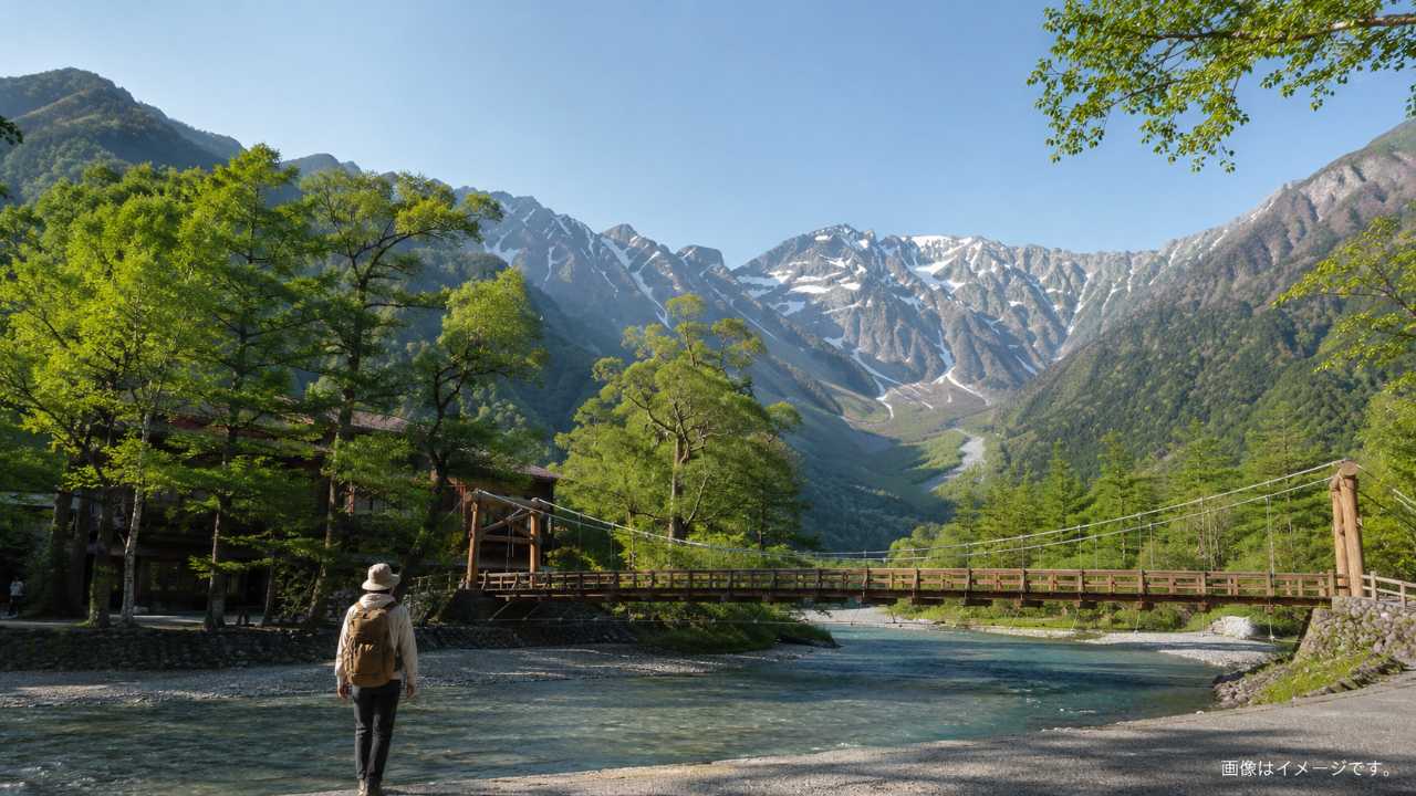 上高地の河童橋と梓川、奥に穂高連峰が見える爽やかな朝