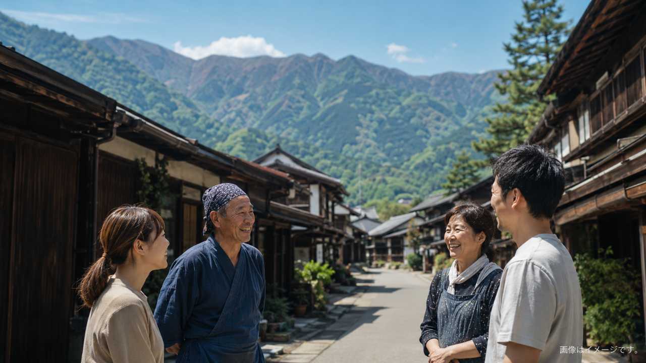 松本城周辺の城下町をイメージした風景で、地元の商店前で会話が生まれている写真風ブログ画像