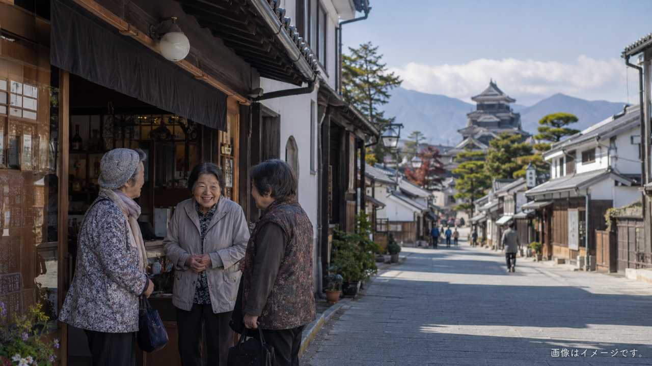 長野県の美しい山並みと古い町並みを背景に、地元の人たちが温かく会話しているブログ用アイキャッチ画像
