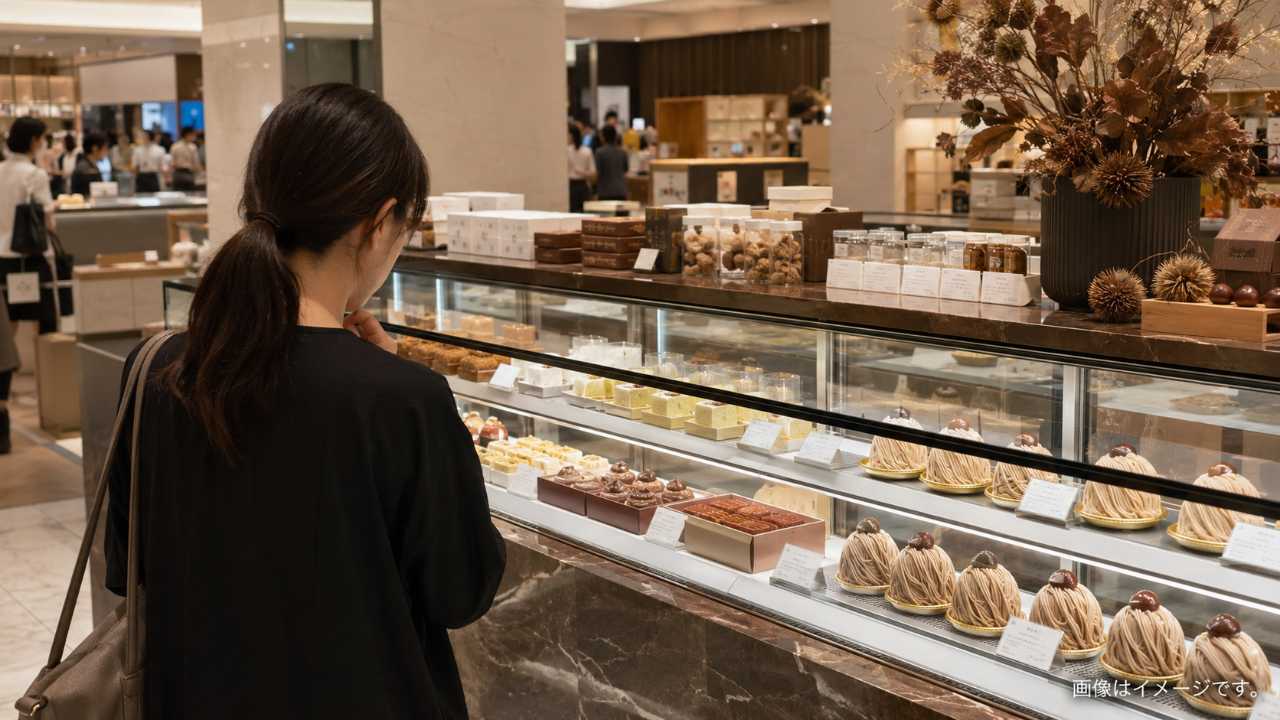 百貨店の食品売場で栗スイーツのショーケースを見ながら小布施堂のモンブランを探す雰囲気の写真風画像