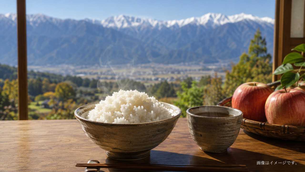 長野県の山並みを背景に、木の食卓の上に炊きたてのご飯、湯のみのお茶、りんごが並んでいる写真風のブログ用アイキャッチ