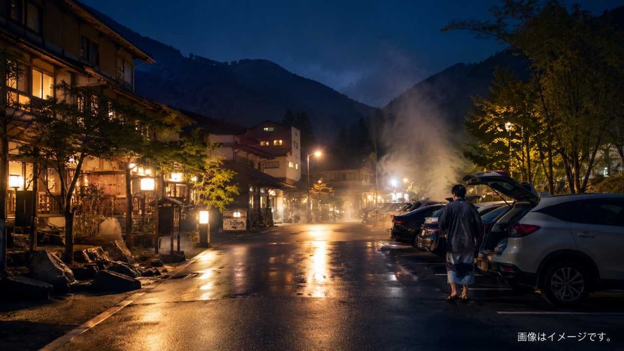 平湯温泉街を思わせる温泉地の夜景と、入浴後に車へ戻る旅行者のイメージ