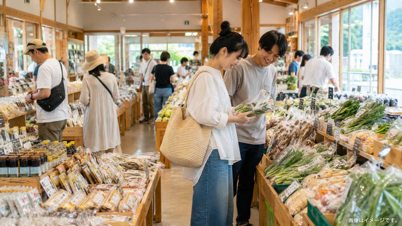 道の駅風の明るい売り場で地元農産物や加工品を選ぶ観光客の写真風イメージ