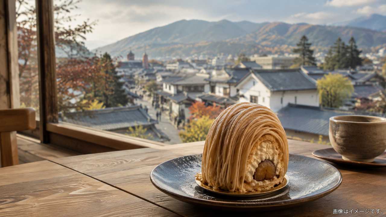 長野県小布施の落ち着いた町並みを背景に、栗あんたっぷりの上品なモンブラン