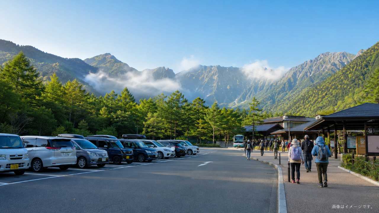 長野県の山岳観光地へ向かう沢渡駐車場をテーマにしたブログ用アイキャッチ