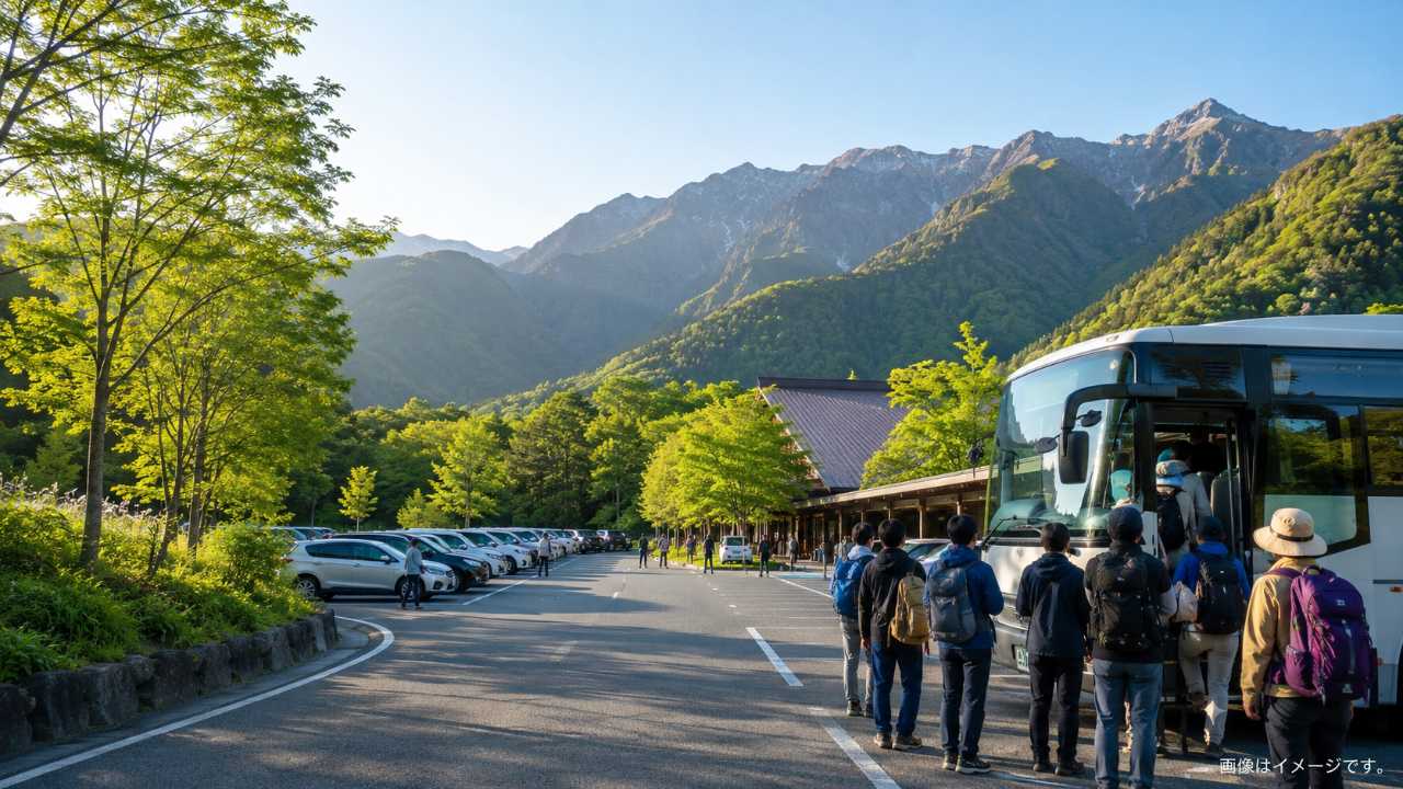 上高地へ向かう沢渡駐車場