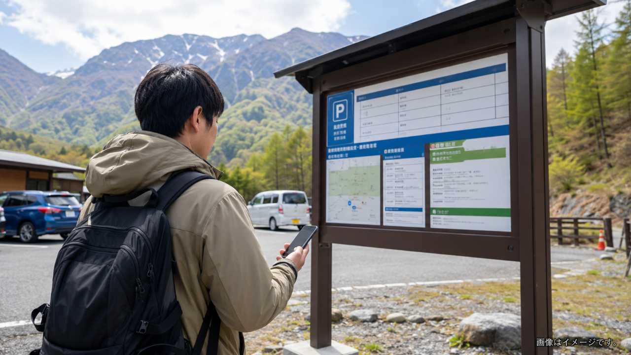 沢渡駐車場の料金や営業時間を確認する旅行者のイメージ
