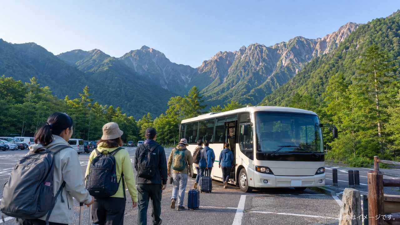 上高地へ向かう観光客が早朝のあかんだな駐車場でシャトルバスを待っている